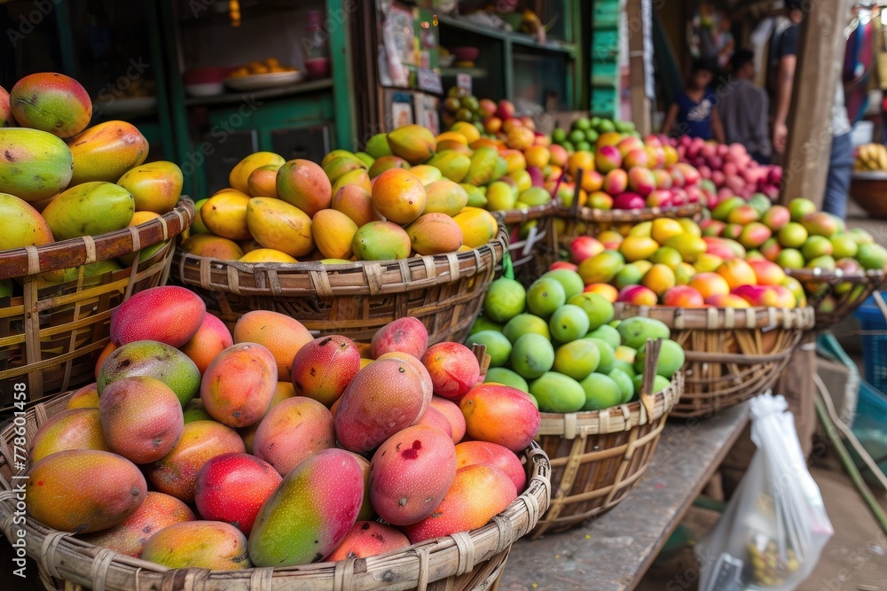 A vibrant market scene with baskets full of various types of mangoes inviting exploration and taste