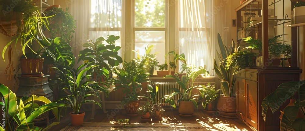 An array of air purifying plants in a sunlit room creating an indoor oasis An array of air purifying plants in a sunlit room creating an indoor oasis