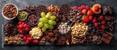 Aerial view of a chocolate charcuterie board with nuts fruits