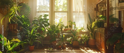 An array of air purifying plants in a sunlit room creating an indoor oasis
