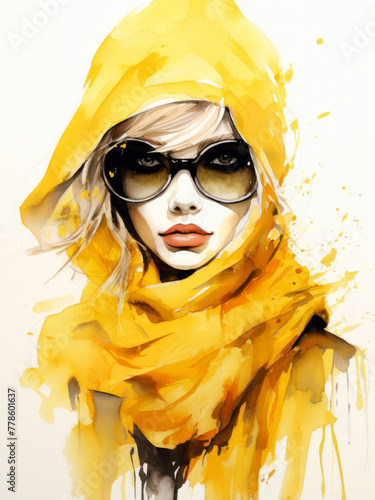 Watercolor elegant lady fashion illustration in yellow colors, girl with hat, sunglasses, makeup. Young and beautiful woman illustration for poster, print, fashion concept.