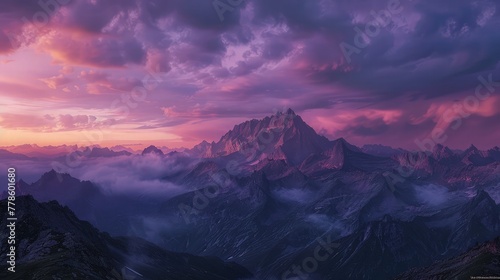 A panoramic shot of a majestic mountain range with a sky bursting in brilliant colors of purple and pink during twilight. © Muhammad