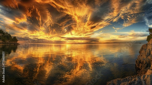 A panoramic view of a coastal landscape at golden hour, with the sky ablaze in gold and orange hues, reflecting off the water.