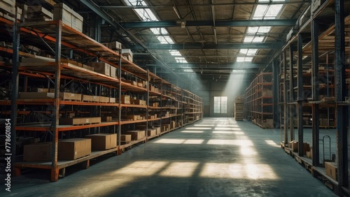 Warehouse interior with sunlight streaming in