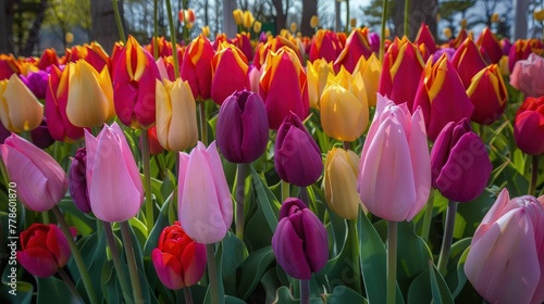 A panoramic view of a colorful tulip garden in full bloom  with tulips in various shades creating a stunning natural tapestry.