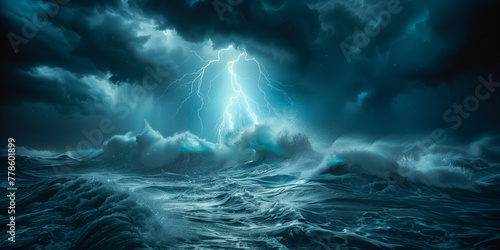 Experience nature s fury through digital art  showcasing tumultuous ocean waves battling under a stormy sky  electrified by lightning strikes and charged with the intense energy of thunderclouds.