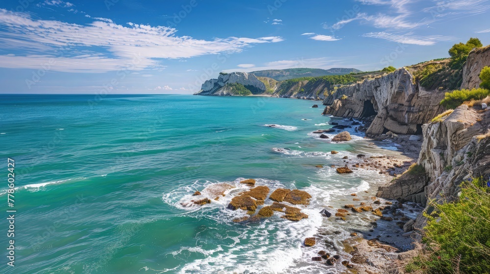A picturesque coastal scene with rugged cliffs overlooking a turquoise sea, waves gently crashing against the shore, and a clear blue sky overhead.