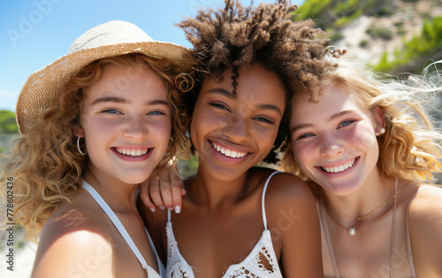 Diverse young women take a selfie on beach,smiling and looking at the camera,DEI theme.