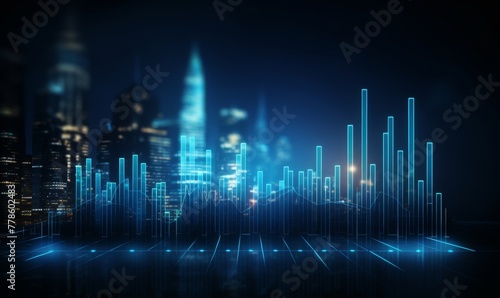  High quality, high resolution stock market graph on blue background with bokeh lights. Abstract financial business concept for wallpaper or web design in dark style. High detail, sharp focus, profess © MING