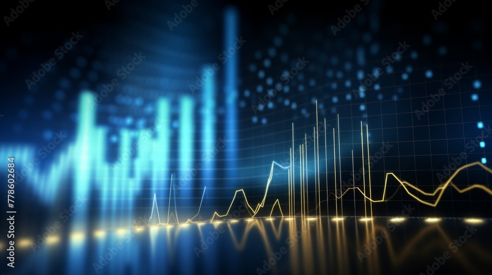  High quality, high resolution stock market graph on blue background with bokeh lights. Abstract financial business concept for wallpaper or web design in dark style. High detail, sharp focus, profess