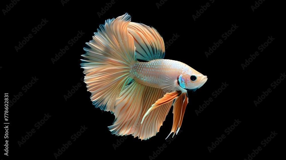 Fototapeta premium the Betta fish swimming gracefully against a black background, showcasing its stunning multi-colored fins and intricate patterns, Siamese fighting fish, natural grace and elegance