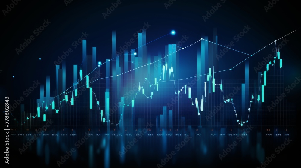 Obraz premium High quality, high resolution stock market graph on blue background with bokeh lights. Abstract financial business concept for wallpaper or web design in dark style. High detail, sharp focus, profess