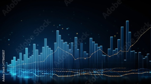  High quality, high resolution stock market graph on blue background with bokeh lights. Abstract financial business concept for wallpaper or web design in dark style. High detail, sharp focus, profess