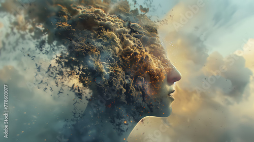 Generative AI illustration of annual collective mind concept art, exploding mind, inner world, dreams, emotions, imagination and creative mind, the pouring energy of the universe