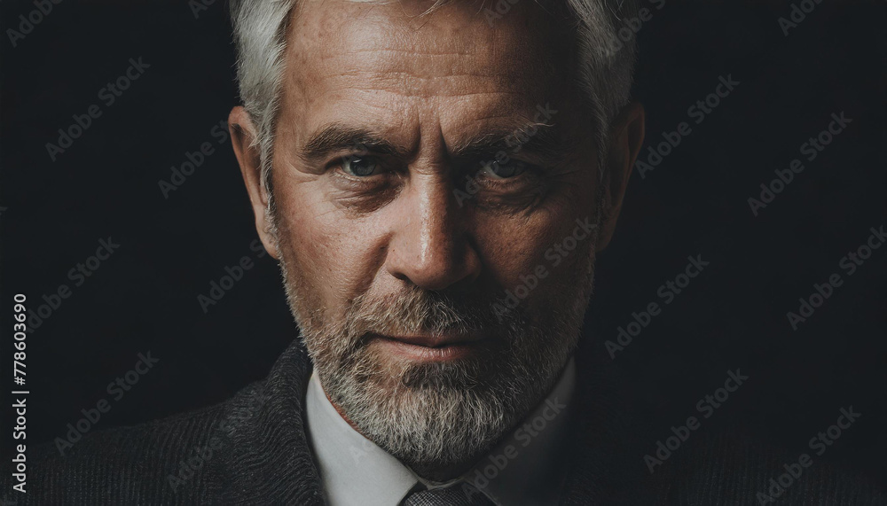 Portrait of a stern attractive older man with gray hair and a beard ...