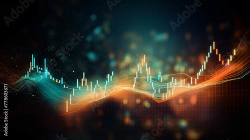  High quality  high resolution stock market graph on blue background with bokeh lights. Abstract financial business concept for wallpaper or web design in dark style. High detail  sharp focus  profess