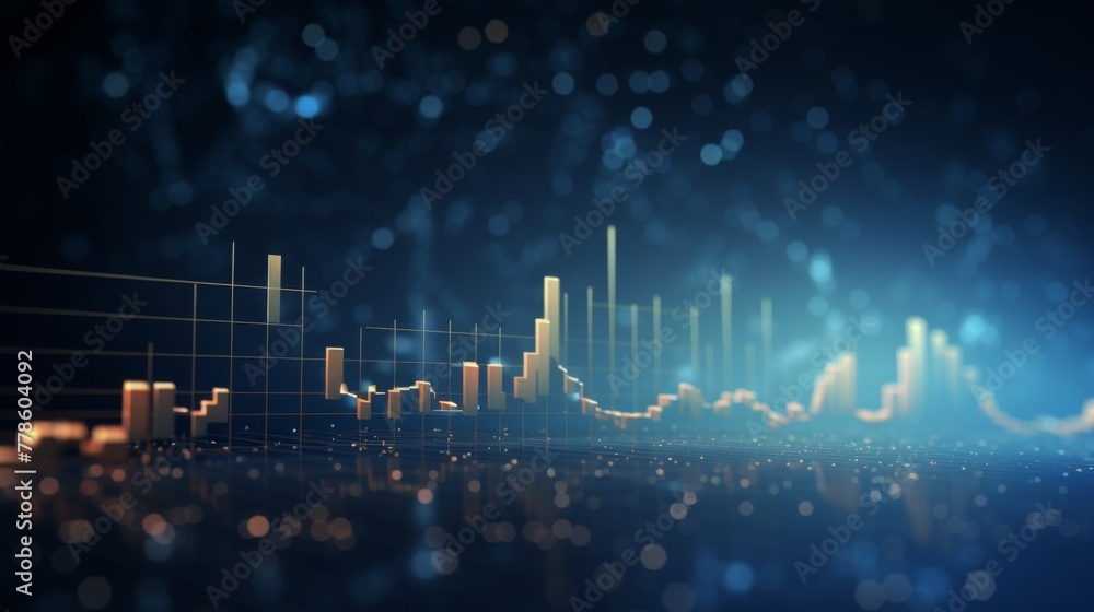 Naklejka premium High quality, high resolution stock market graph on blue background with bokeh lights. Abstract financial business concept for wallpaper or web design in dark style. High detail, sharp focus, profess