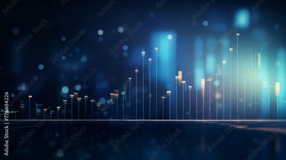 Fototapeta premium High quality, high resolution stock market graph on blue background with bokeh lights. Abstract financial business concept for wallpaper or web design in dark style. High detail, sharp focus, profess