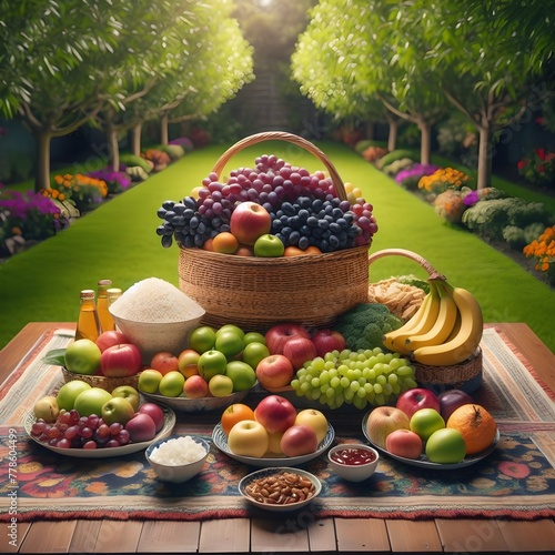 five kg rice or baryane tabale on the nodal in five plats five chair one house in the sofa sat eid day cpachei dabal bed in the garden inone table on the a basket full of the grapes, apple , ctarbe an photo