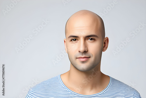 Hair loss concept. Portrait of young bald man on white background. Portrait of a person