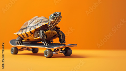 A turtle on a skateboard, the tortoise and the hare, industry start-ups, copy space © LeoOrigami