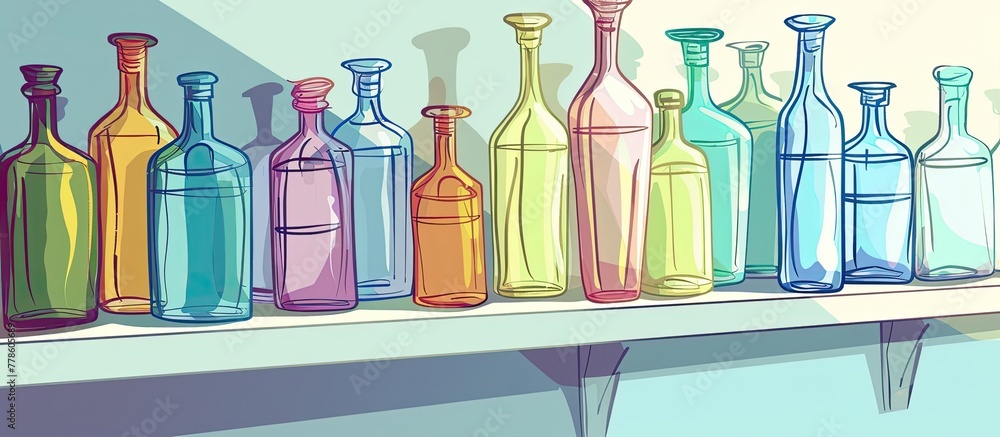 A display shelf filled with various colorful glass bottles, ranging in shades of blue and azure, holding different types of liquids