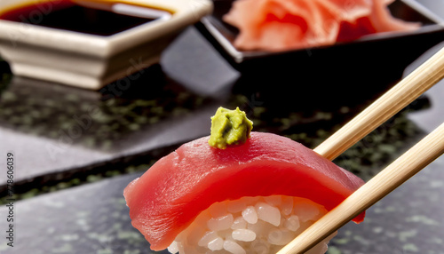 A close-up of a pair of chopsticks holding a nigiri sushi with a slice of vivid red tuna on top. The sushi has a dollop of bright green
