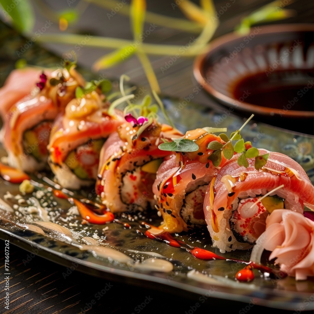 Traditional maki rolls a specialty of fine seafood and premium sauce Traditional maki rolls a specialty of fine seafood and premium sauce