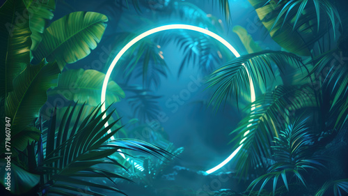 Green and Blue Neon Light with Tropical Leaves Generative AI