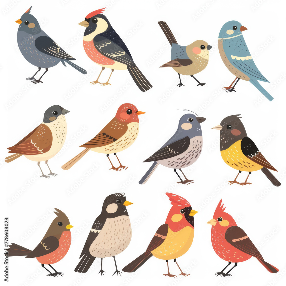 A charming illustration showcasing a variety of colorful, stylized cartoon birds, perfect for educational or decorative use. A charming illustration showcasing a variety of colorful, stylized cartoon birds, perfect for educational or decorative use.