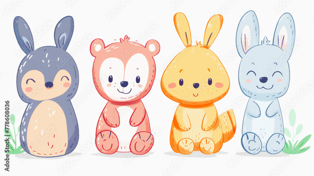 Illustration of four cute cartoon animals: a penguin, a bear, a kangaroo, and a rabbit, in a pastel color scheme.