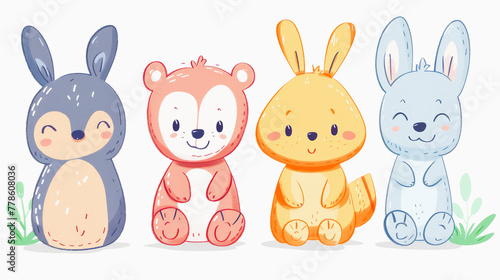 Illustration of four cute cartoon animals: a penguin, a bear, a kangaroo, and a rabbit, in a pastel color scheme.