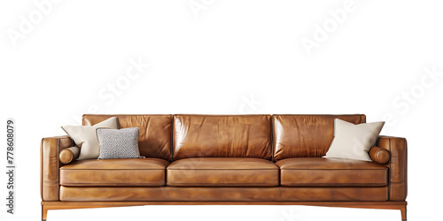 Vibrant brown leather sofa with decorative hexagonshaped lamps hanging on white background