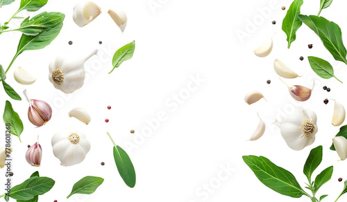 Top view of garlic and leaves on white background