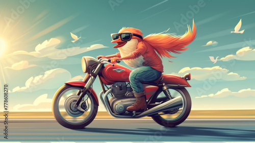 A whimsical illustration of a cartoon duck riding a red vintage motorcycle with a sunset background. photo