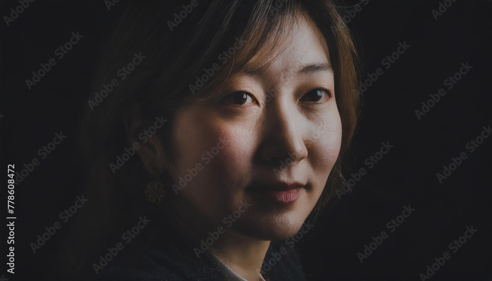 A portrait of a middle age attractive Japanese woman with dark hair, dark background, shallow depth of field - portraits of real people authenticity, businesswoman - close up A portrait of a middle age attractive Japanese woman with dark hair, dark background, shallow depth of field - portraits of real people authenticity, businesswoman - close up