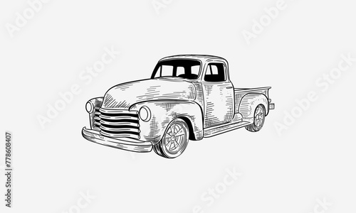 vintage truck sketch ink for poster, business card, cover book, collection art, art print. vector