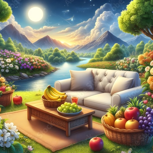 sofa sat near the river enviornament and one tabel on the full of basket with apple ,grapes, wite grapes, ctarbe , banana near the flower ,garden ,and plants under the mon and stars photo