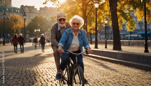Happy senior couple riding bicycles in spanking on the embankment photo