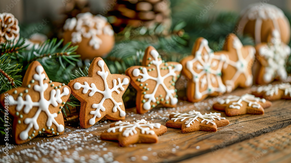 Decoratively iced gingerbread cookies in festive shapes on a wooden surface, surrounded by pine branches and dusted with powdered sugar. Decoratively iced gingerbread cookies in festive shapes on a wooden surface, surrounded by pine branches and dusted with powdered sugar.