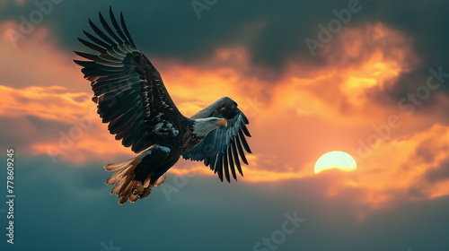 American eagle fly with sunset background