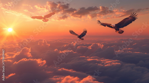 eagles flying on the sky with sunset background
