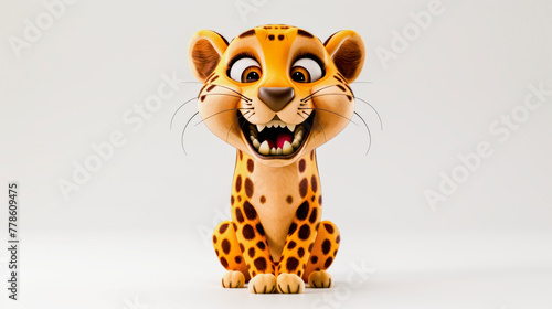 3D illustration of a cartoon cheetah with a friendly smile and spots, sitting against a plain white background.