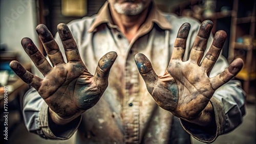 Close up of a dirty hands of an elderly craftsman.