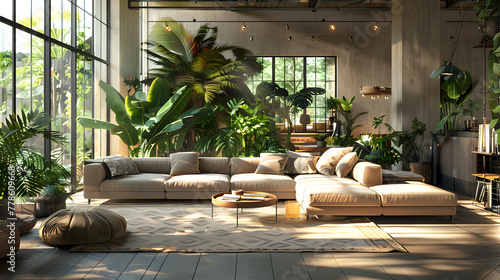 Decorate your living room with this comfy couch, stylish coffee table, and beautiful plants.