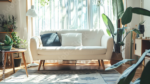Brighten your living space with this white couch, colorful rug, and leafy plants. photo