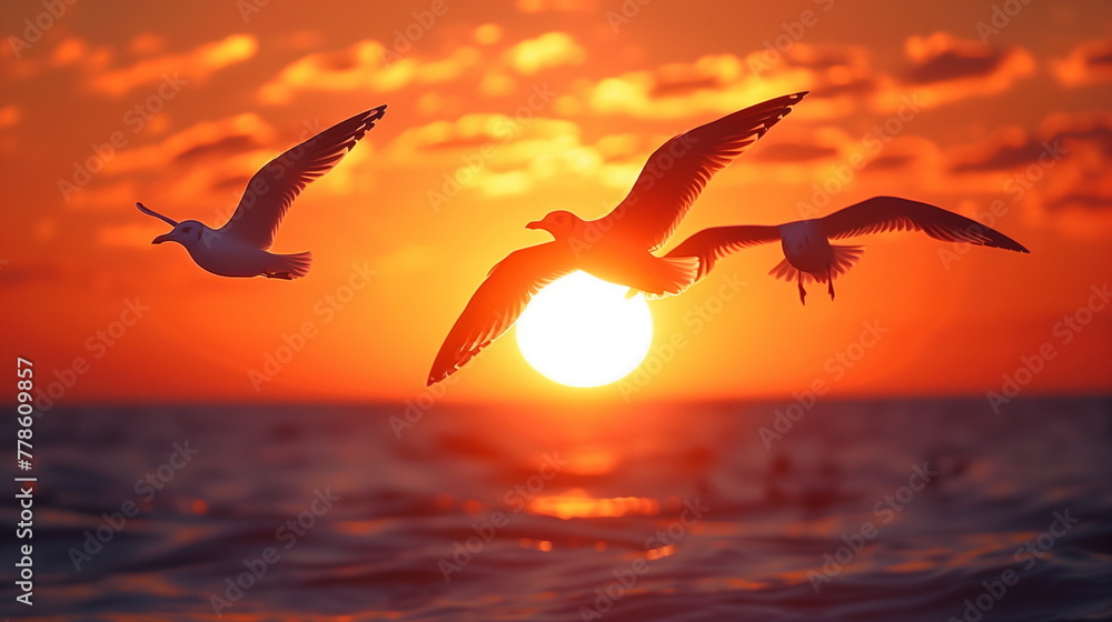 silhouette seagulls on sunset background