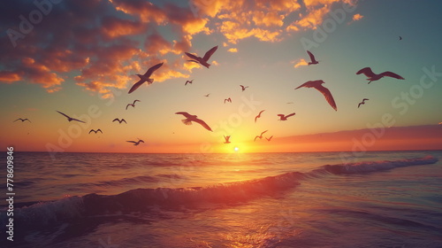 silhouette seagulls on sunset background  © anurakss