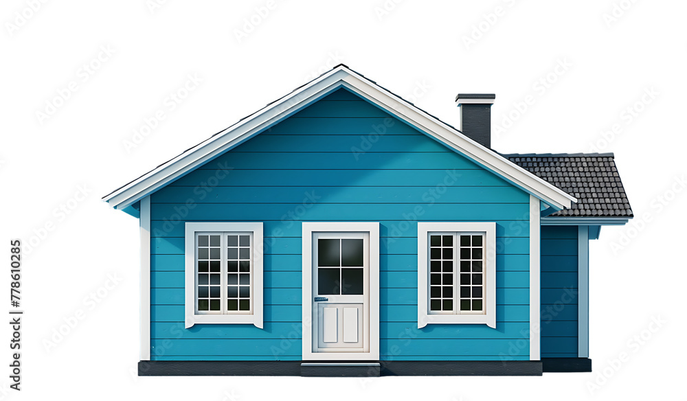 blue house with white trim, isolated on solid background