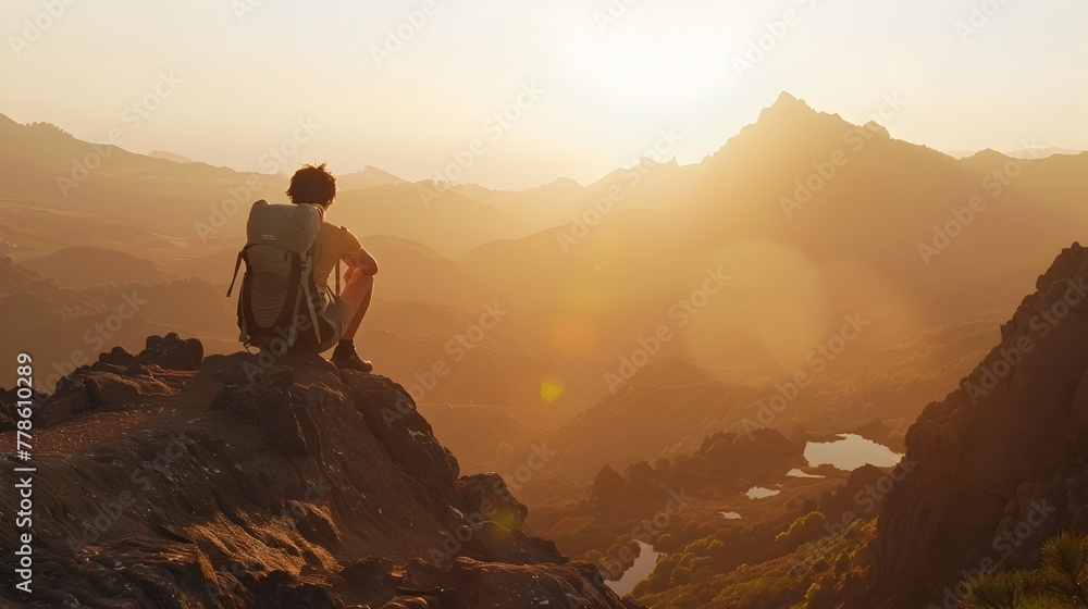 Solitary Backpacker Admiring Majestic Mountain Range at Breathtaking Sunrise Viewpoint